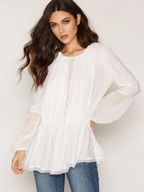 NWT Free People White Peplum Long-Sleeve Blouse with Swiss Dot Sleeves, Size L